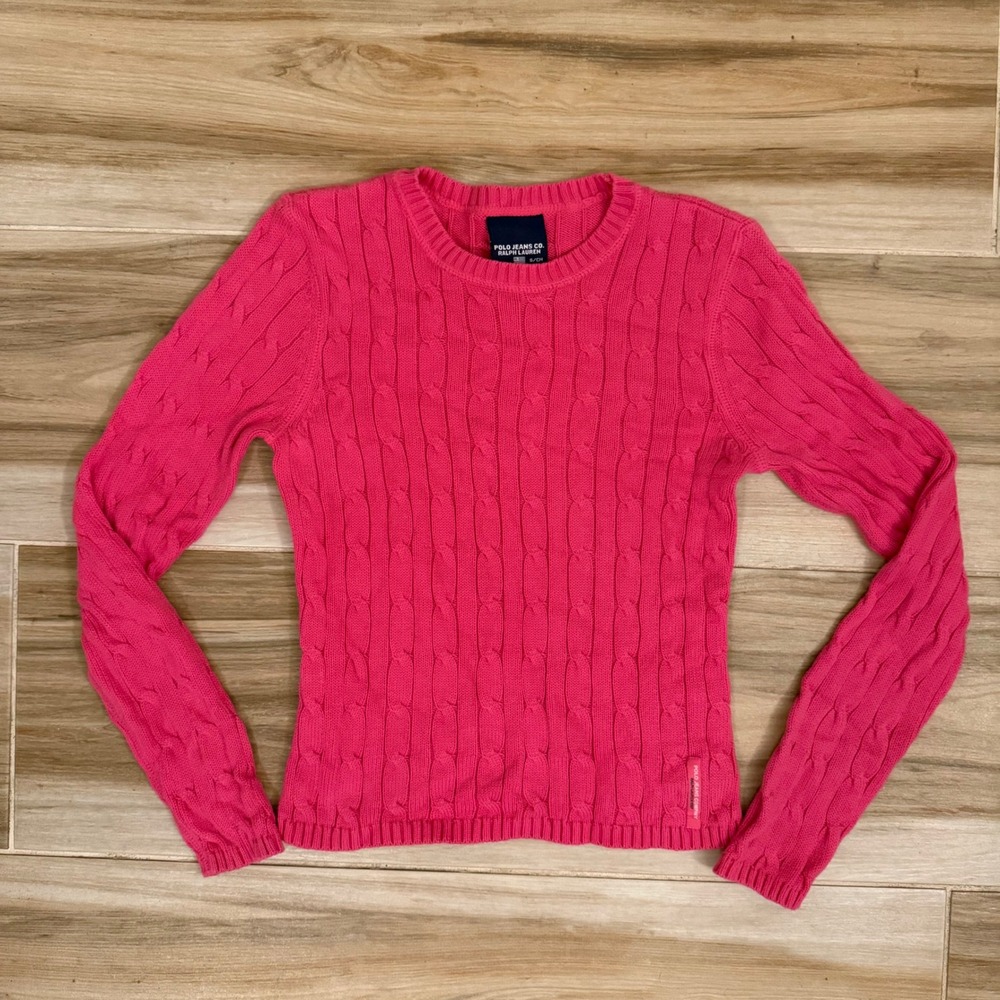 Polo Jeans Co Ralph Lauren Hot Pink Cable Knit Sweater Crew Neck Small
